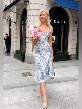 Chicwish Blue and White Floral Midi Dress with Ruffled Hem